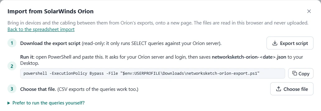 The Import from SolarWinds Orion dialog with three numbered steps: download the export script, run it with the PowerShell command shown, and choose the file it saves