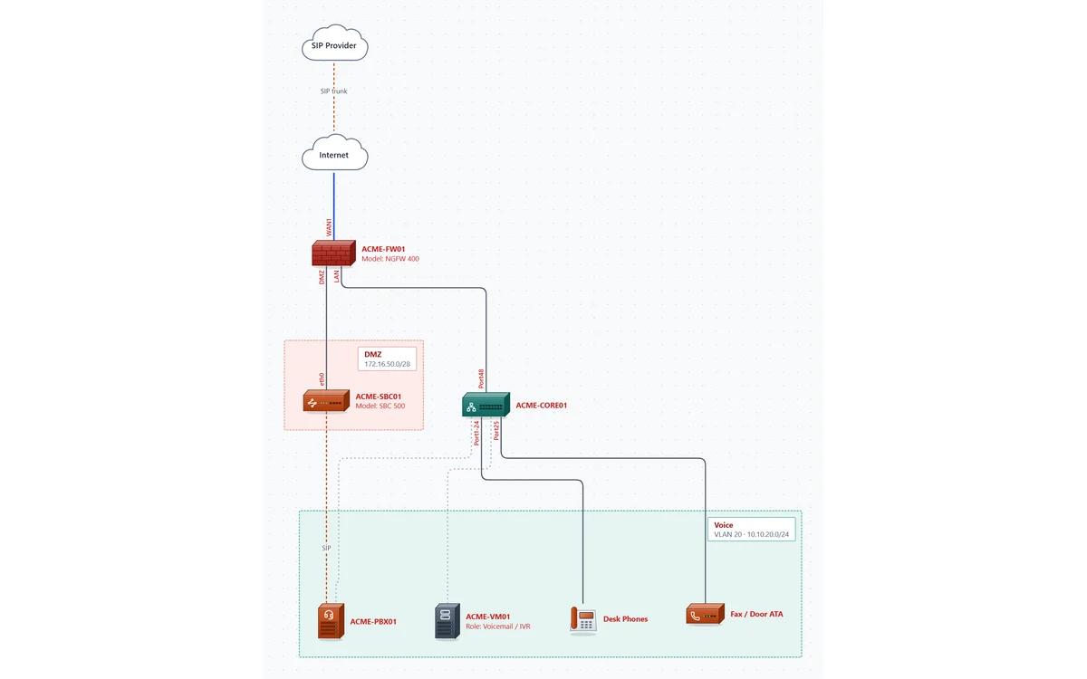The Voice Network template: SIP provider, Internet, firewall, an SBC in a DMZ, a core switch and a voice VLAN with the PBX, voicemail server, desk phones and a fax ATA